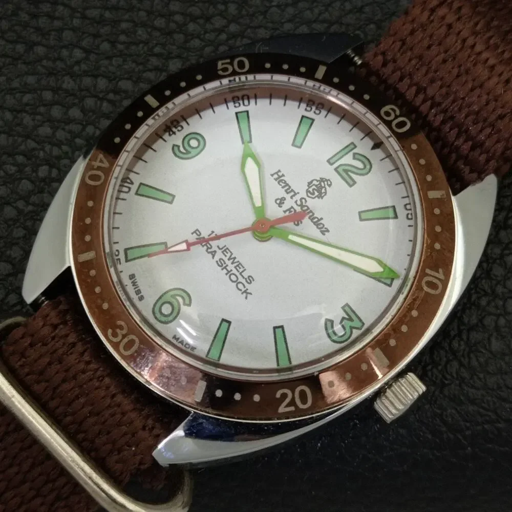 Vintage 1973 Henri Sandoz Manual Mens Silver Watch W/Nato Strap - Picture 6 of 9